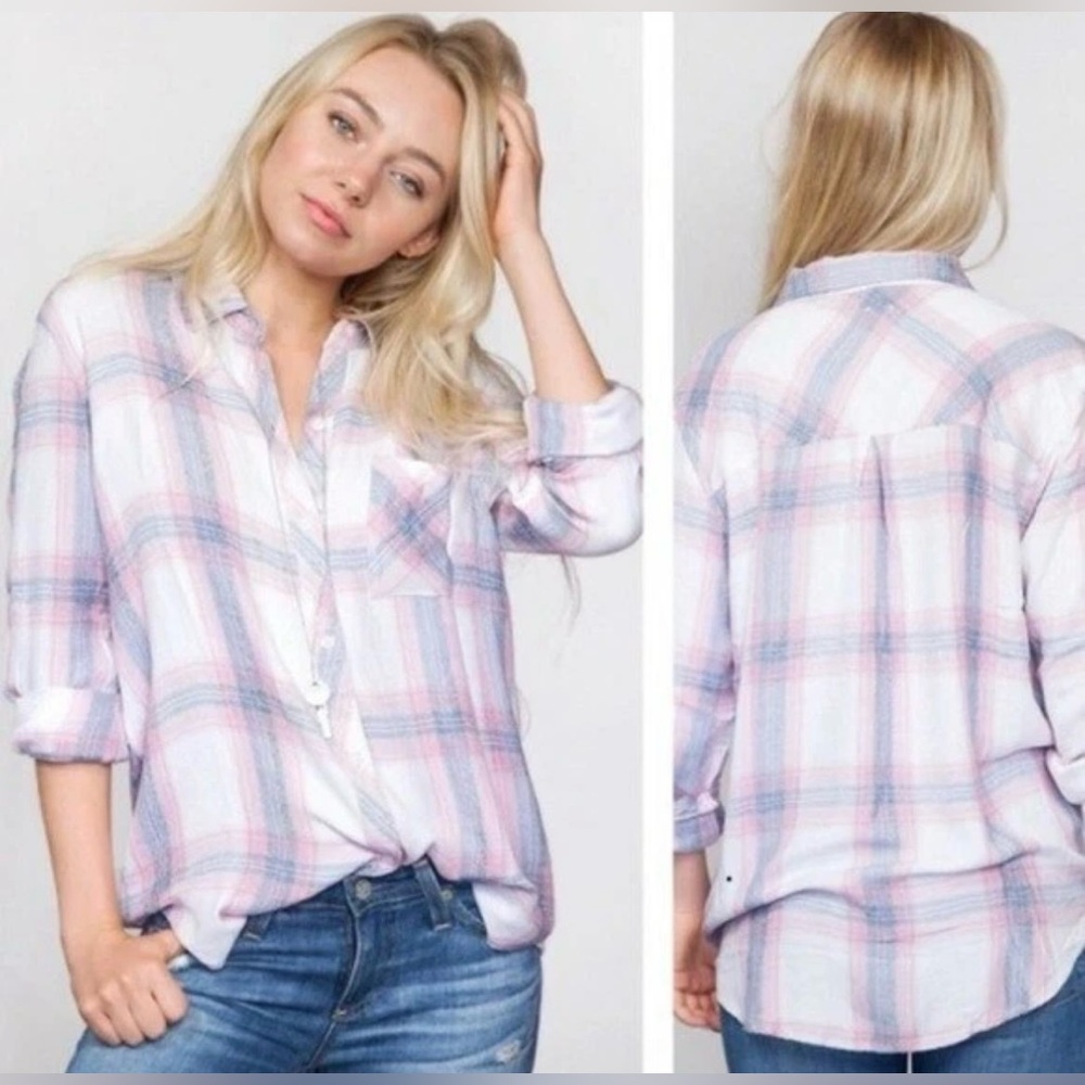 Rails Sz S White Indigo Blush Plaid Hunter Long‎ Sleeve Button Front Flannel Top